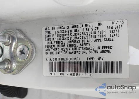 2015 Honda Crosstour Ex-L V6 from USA, damaged, VIN 5J6TF1H5XFL000901